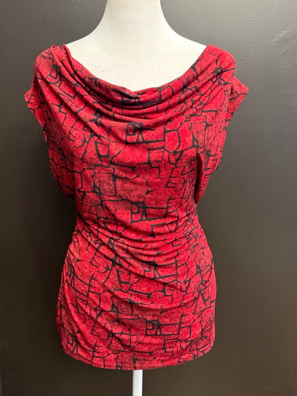 Red Abstract Cowl Neck Ruched Top Y2K